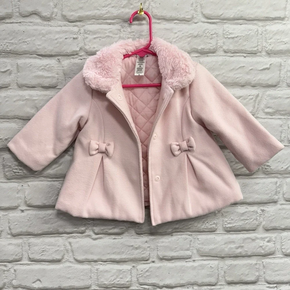 LITTLE ME Pink Felt Pea Coat 12M Bow Faux Fur Babydoll Quilted Lining Warm Fuzzy